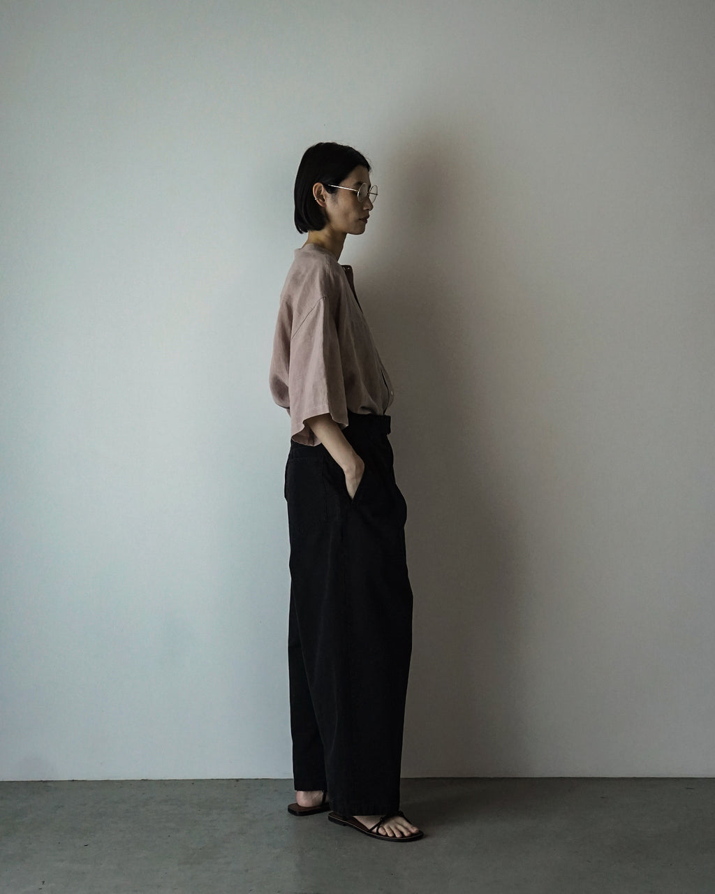 Cotton Chino Belted Wide Tapered 1Tuck Baggy Pants <#black>
