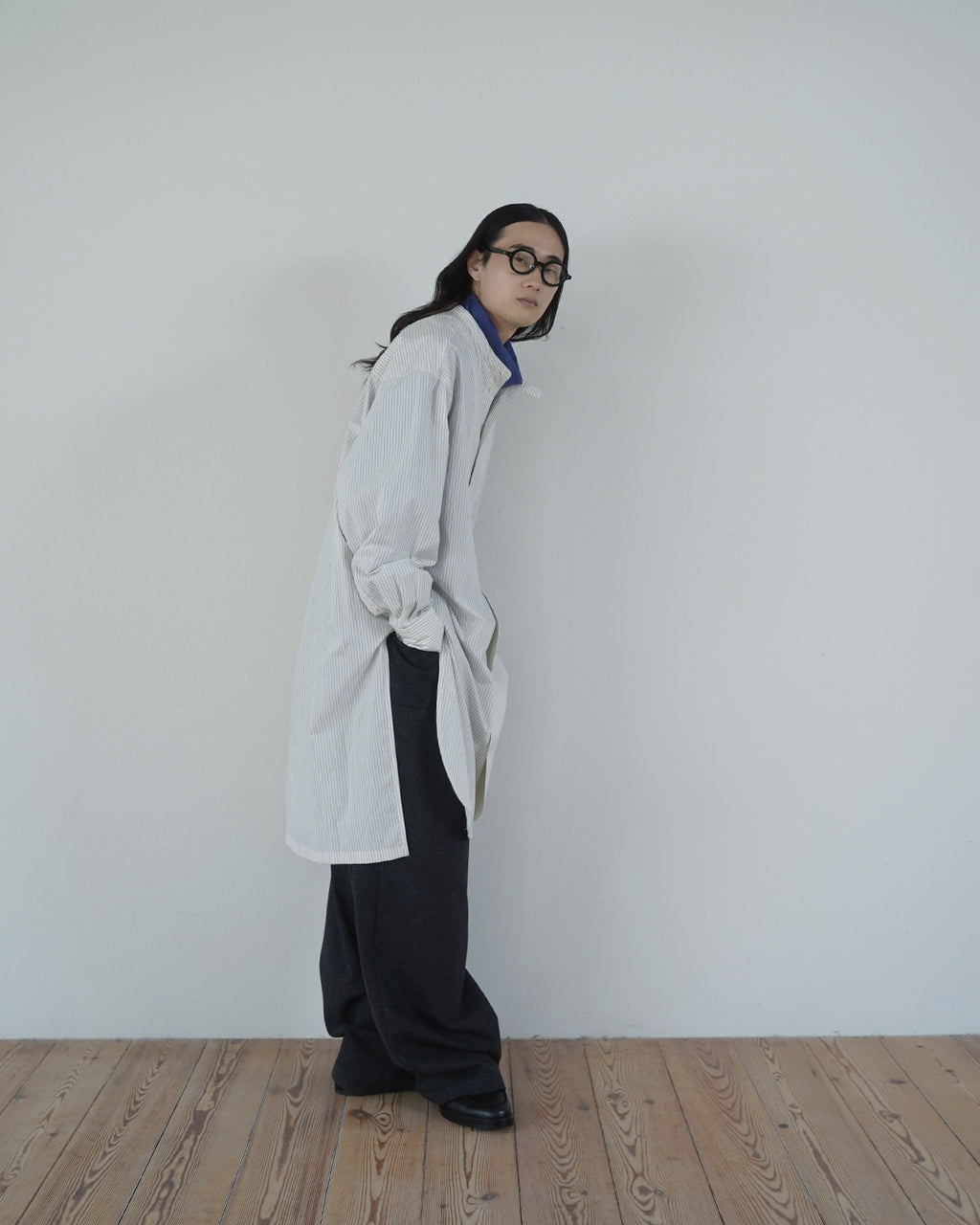 Cotton Typewriter Round Slit Long Officer Shirt <#ivory stripe>