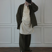 Back-Open Peak Lapel Double-Breasted Over Jacket.