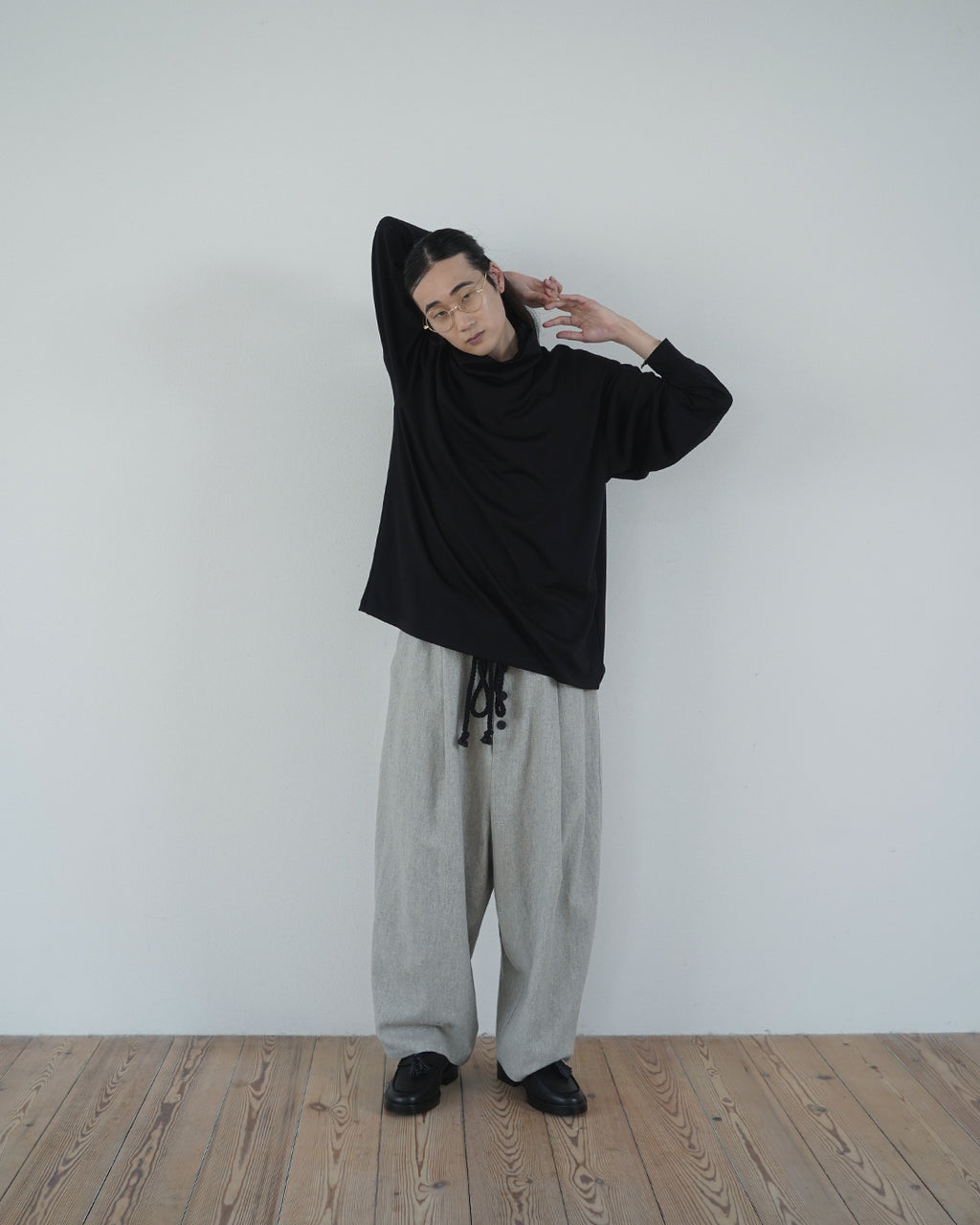 Super100s WOOL Plating Turtleneck L/S Logo TEE <#black>