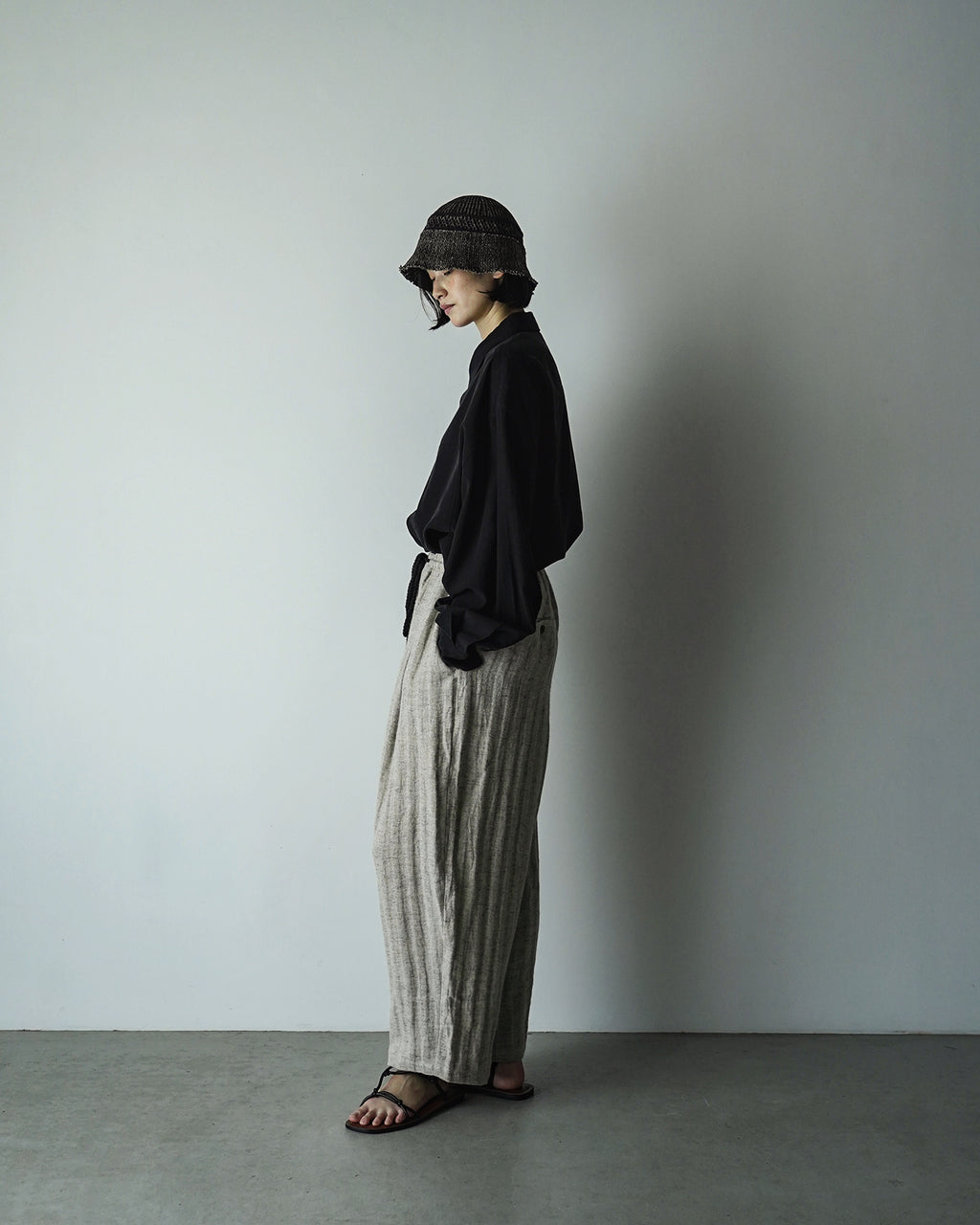 Linen Herringbone Button-Fly Easy Sarouel Pants <#heather gray>