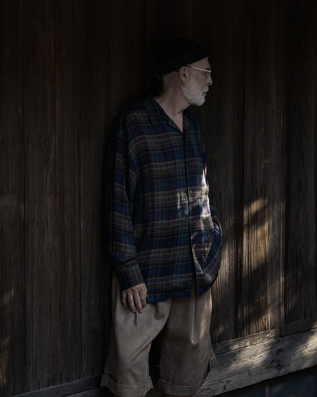 Linen Madras Check Open Collar Long-Sleeve Gathered Shirt<#navy check>