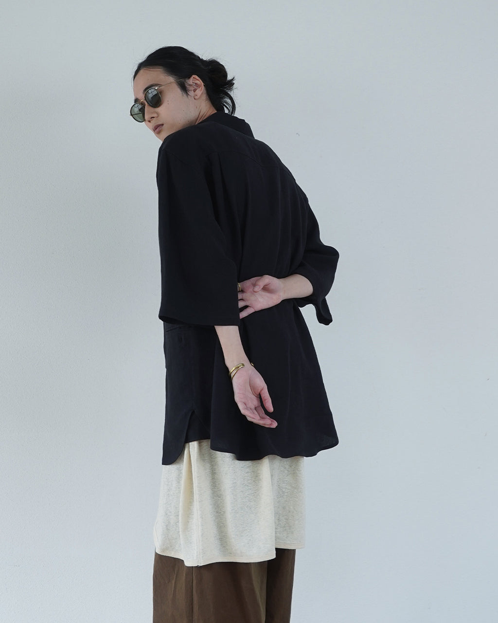 Linen Jersey Inner Layered Front Slit Tank Top <#ivory>
