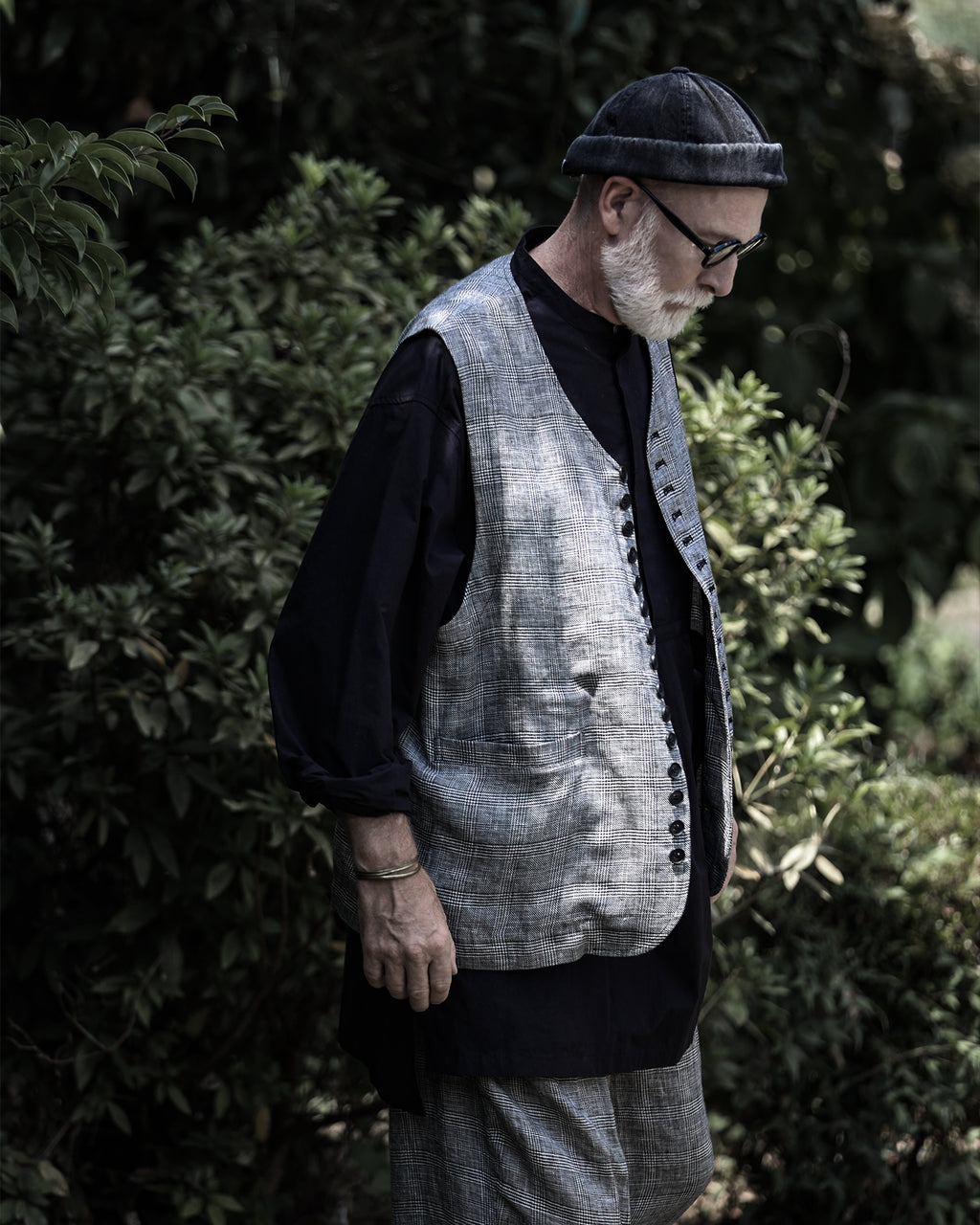 Glen Check Linen Back Belt Button Design V-Neck Vest <#glen check>