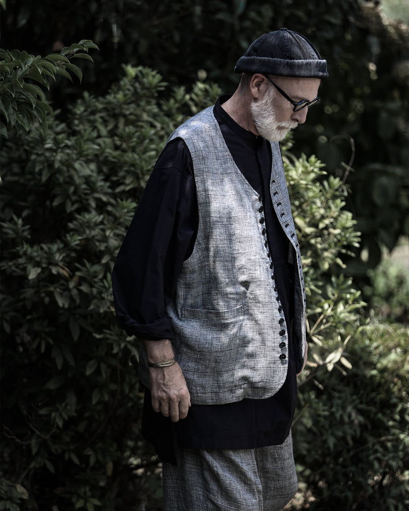 Glen Check Linen Back Belt Button Design V-Neck Vest <#glen check>