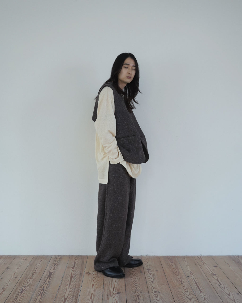Wool Blend Tweed Back-Open Layered Crew Neck Vest <#brown>