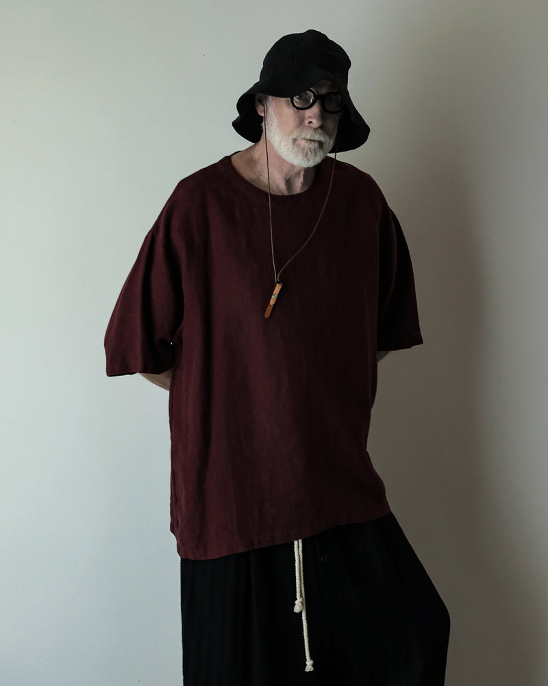 French Linen Crew Neck Half Sleeve Oversized Pullover <#burgundy>