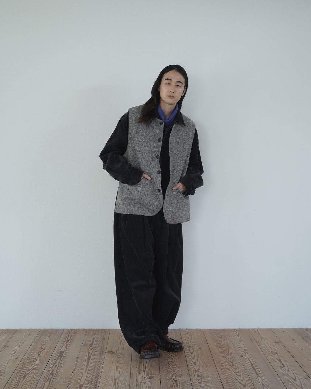 Wool Blend Tweed Back-Open Layered Crew Neck Vest <#greige>