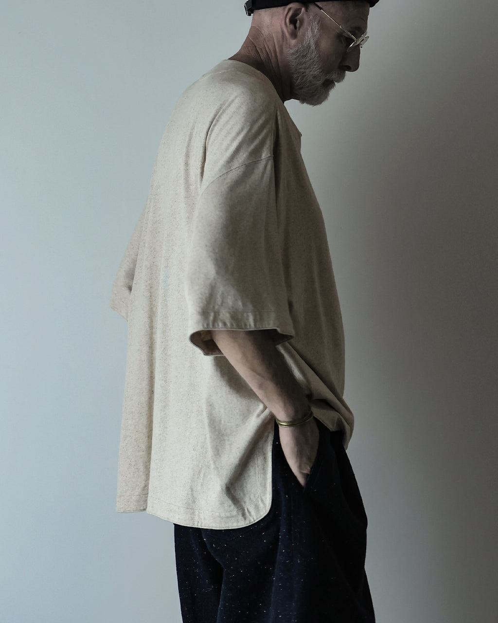 Cotton Linen Hem Round Skipper Half Sleeve Tee <#ivory>