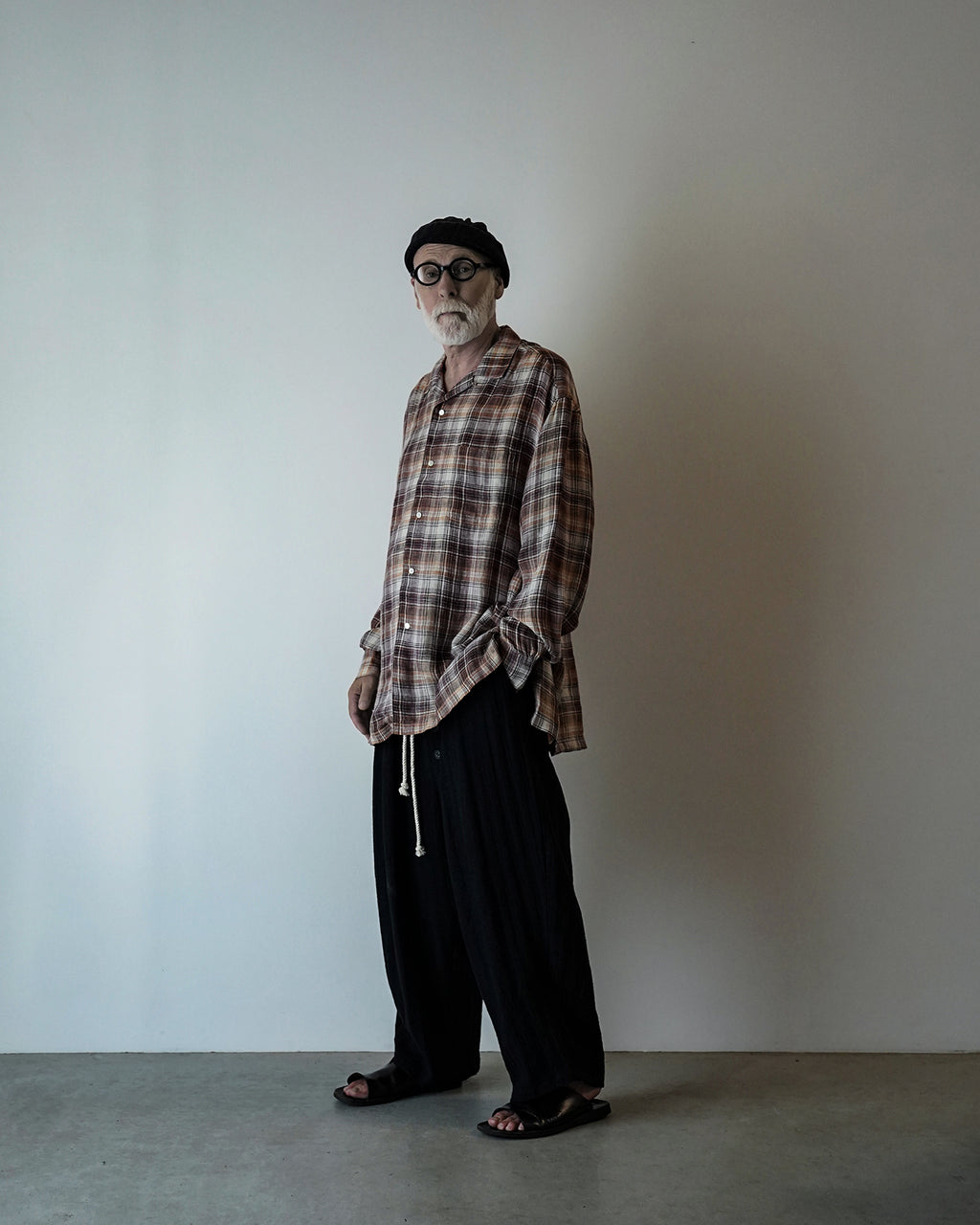 Linen Madras Check Open Collar Long-Sleeve Gathered Shirt<#red check>