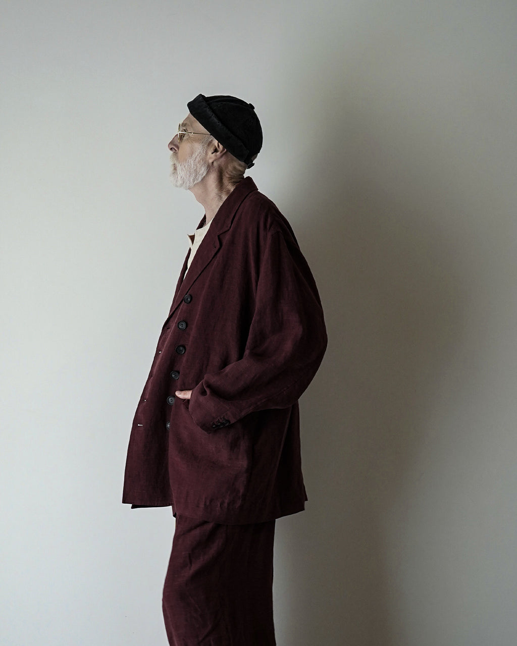 French Linen Back-Open Button Design Semi-Double Jacket <#burgundy>