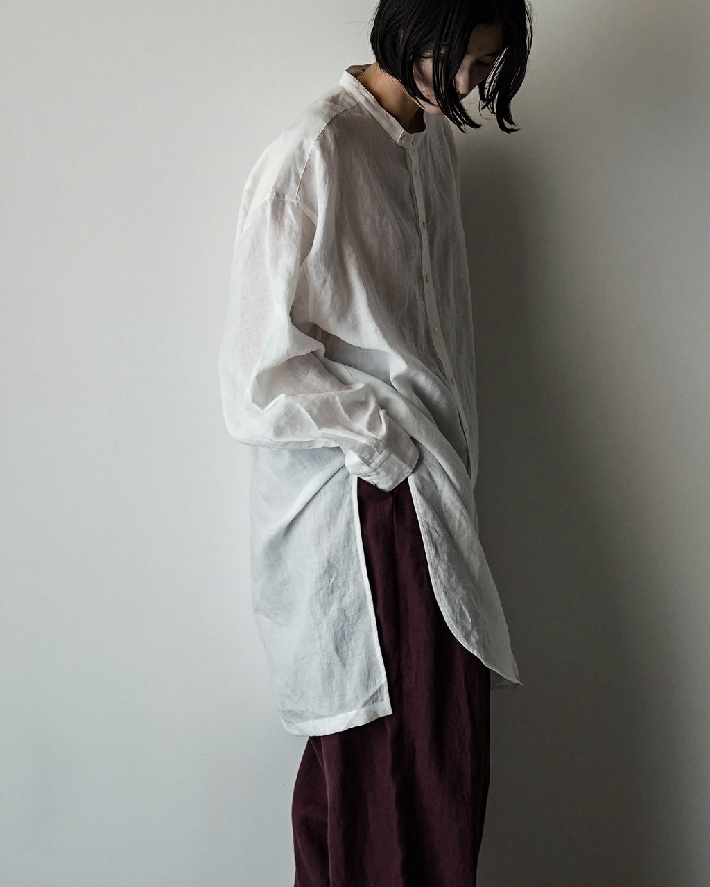 Linen Band Collar Round Slit Long Officer Shirt <#off white>