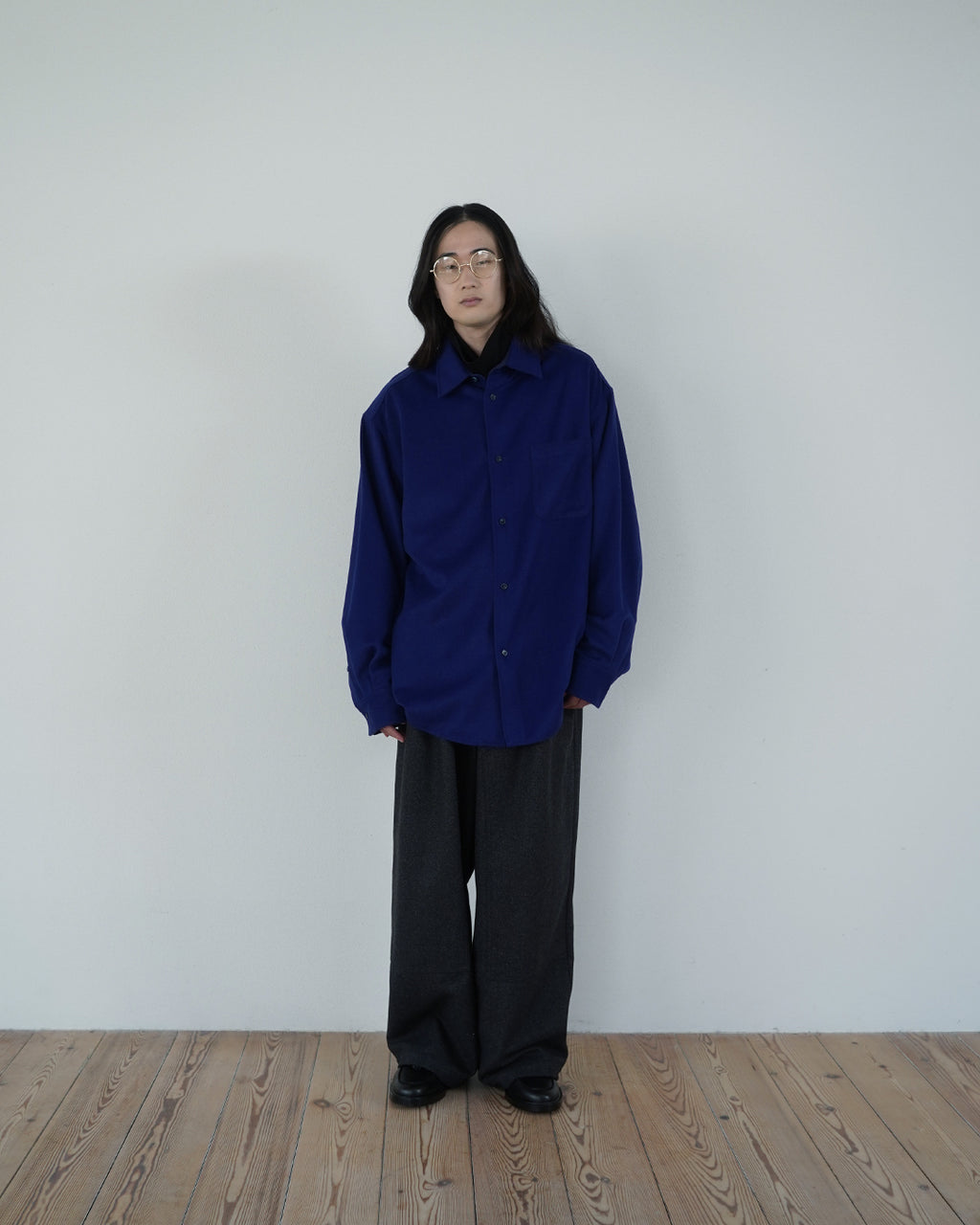 Wool Blend Heavy Flannel Wide Tuck Over Shirt <#royal blue>