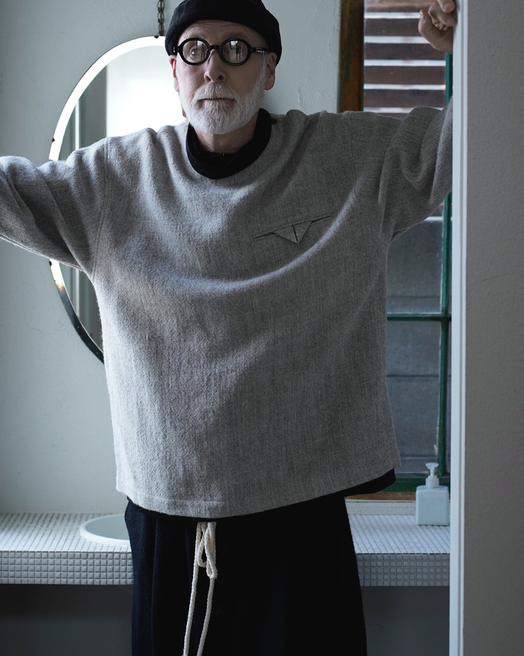 Shetland Wool Linen Crew Neck LS Tuck Rib Pullover <#light gray>