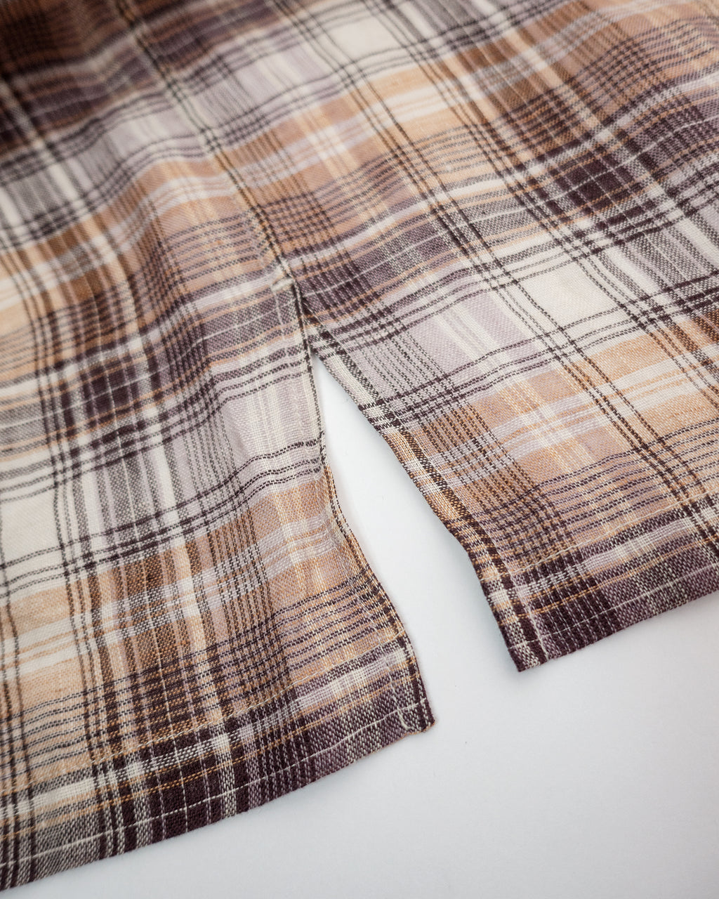 Linen Madras Check Open Collar Long-Sleeve Gathered Shirt<#red check>