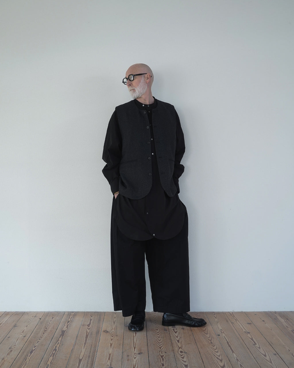Wool Blend Tweed Back-Open Layered Crew Neck Vest <#black>