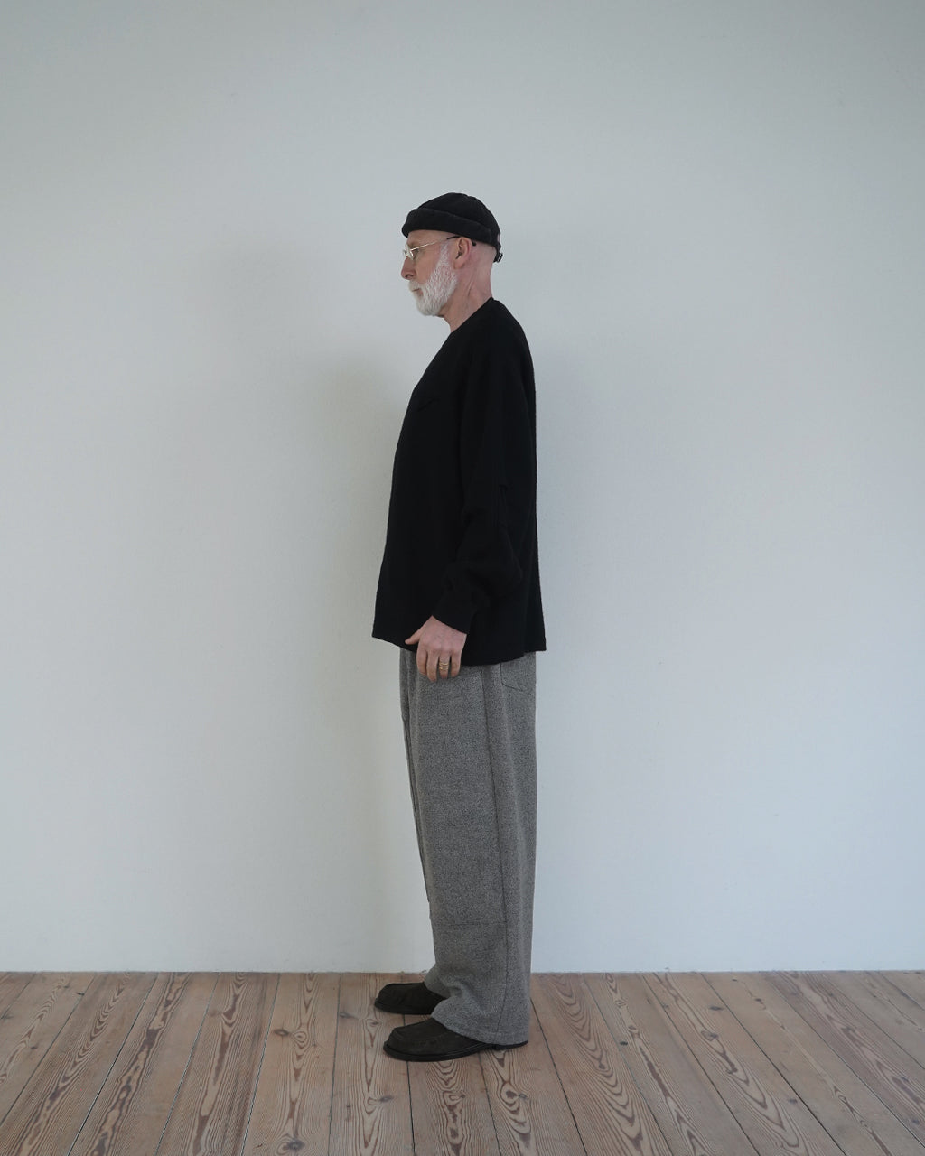 Shetland Wool Linen Crew Neck LS Tuck Rib Pullover <#black>