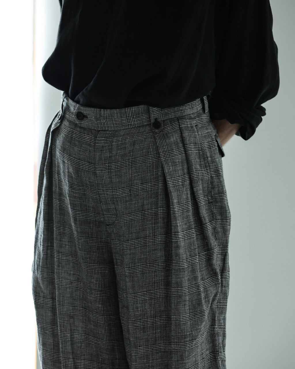Glen Check Linen Back Belt 3Tuck Wide Straight Trousers <#glen check>
