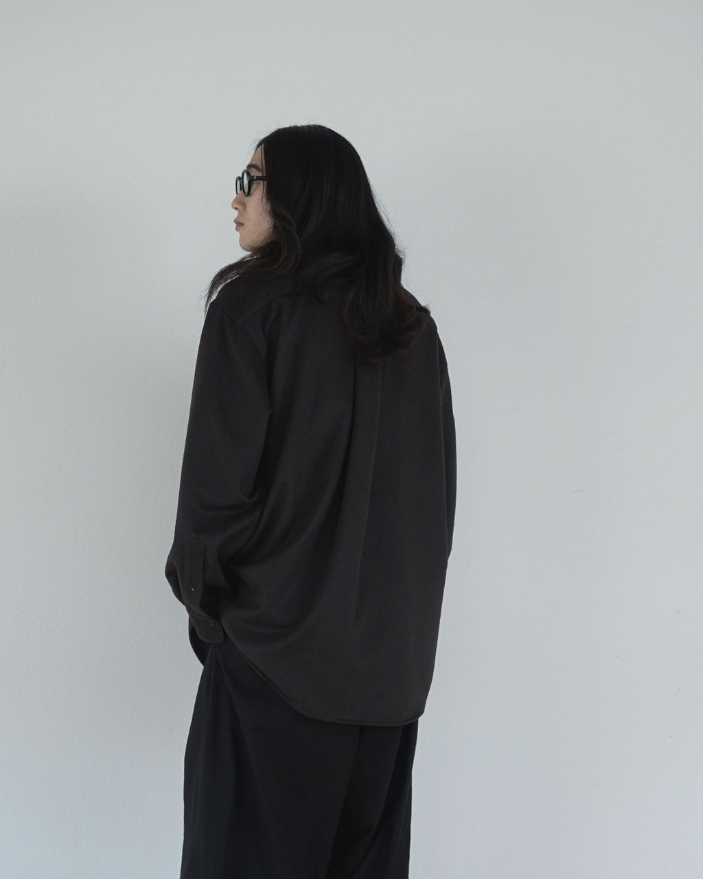 Wool Blend Heavy Flannel Wide Tuck Over Shirt <#olive>