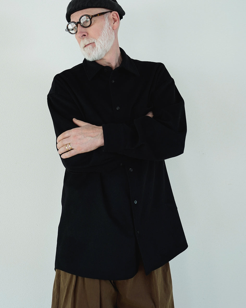 Wool Blend Heavy Flannel Wide Tuck Over Shirt <#black>