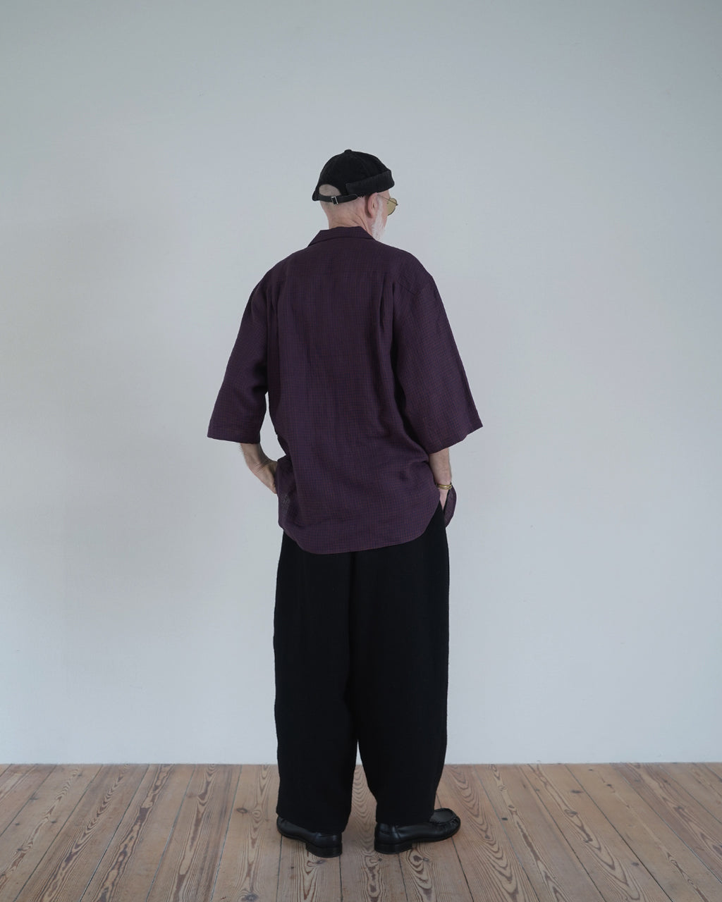 Wash Linen Open Collar 3/4 Sleeve Sleeping Shirt <#brown×navy>