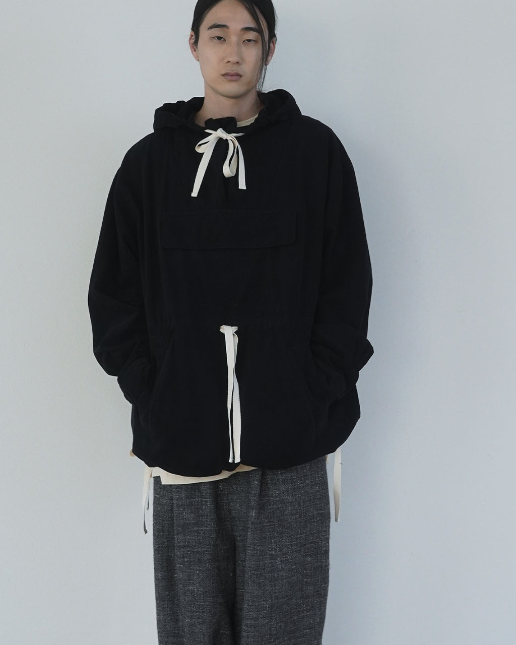 Brushed Cotton Flannel Biowash French Anorak Parka <#black>