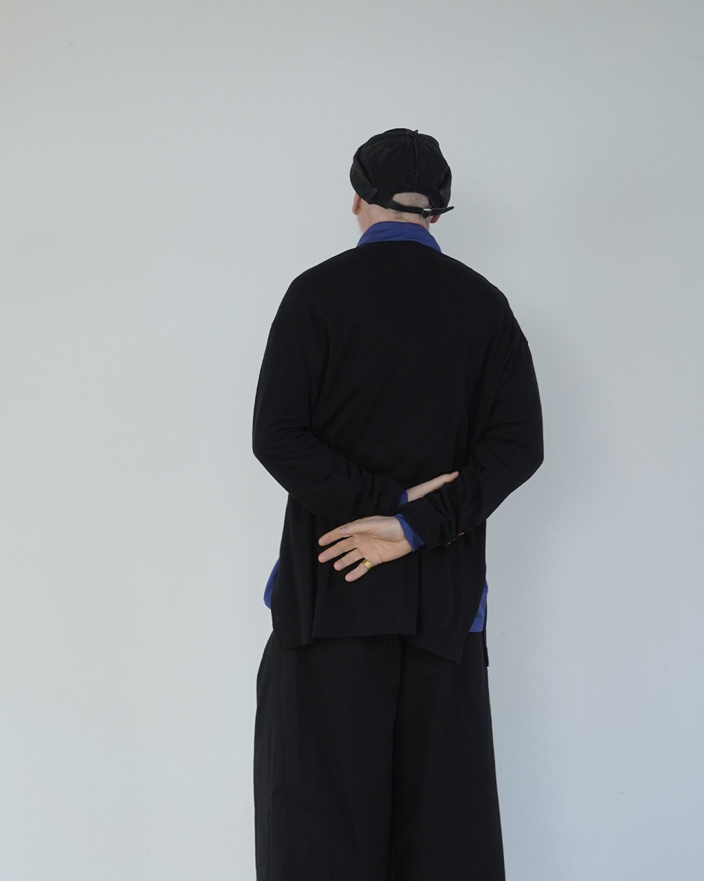 Linen Jersey Henley Neck Middle Length L/S Tee <#black>