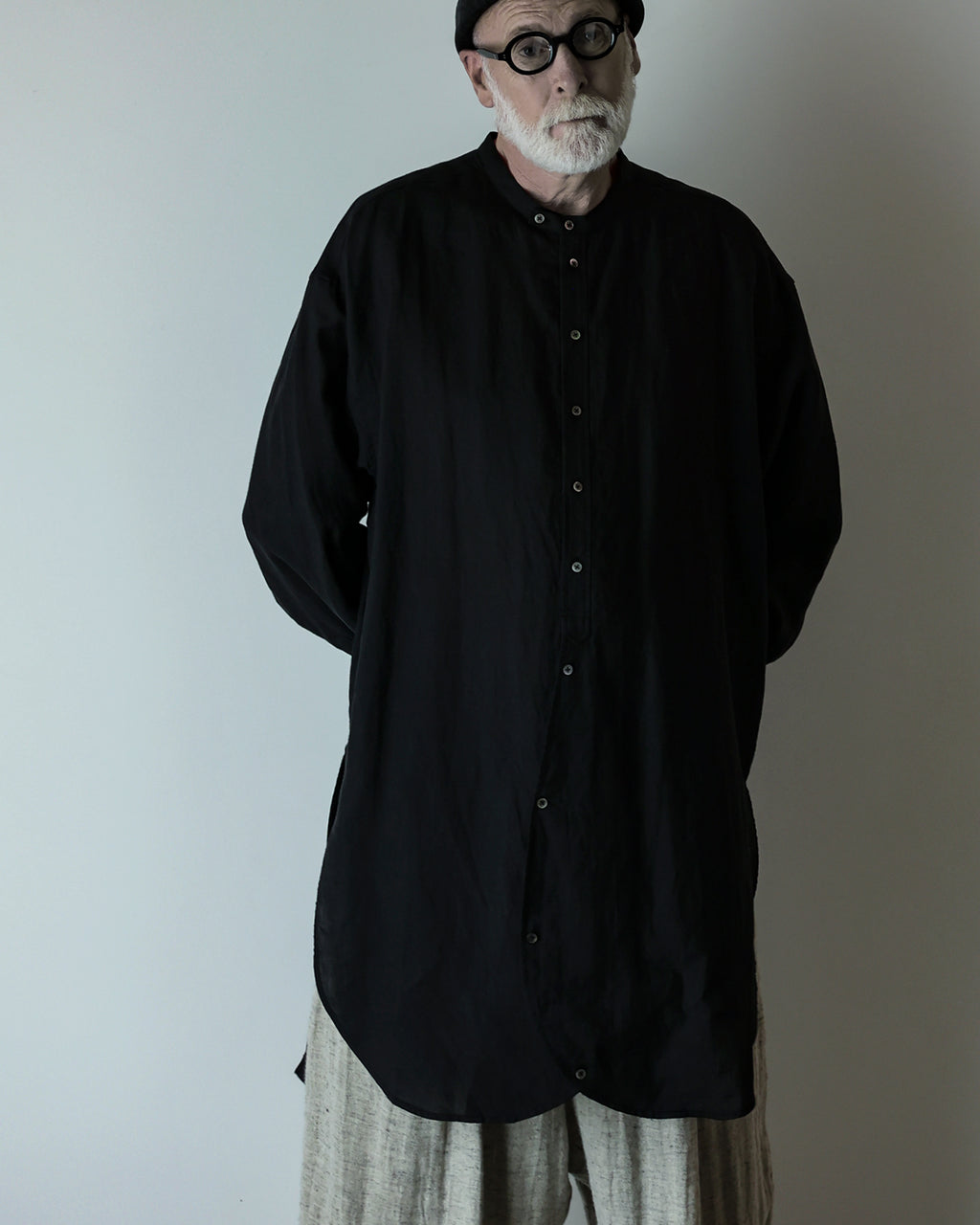 Linen Band Collar Round Slit Long Officer Shirt <#black>