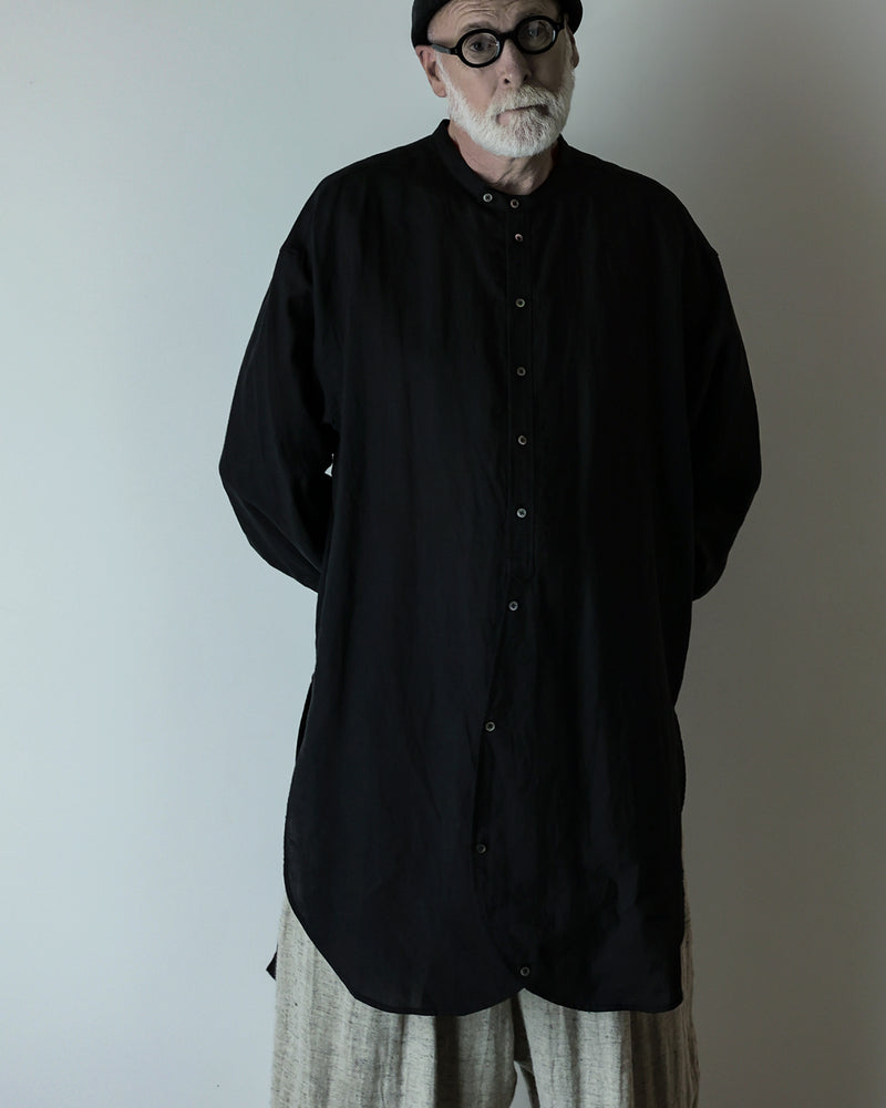 Linen Band Collar Round Slit Long Officer Shirt <#black>
