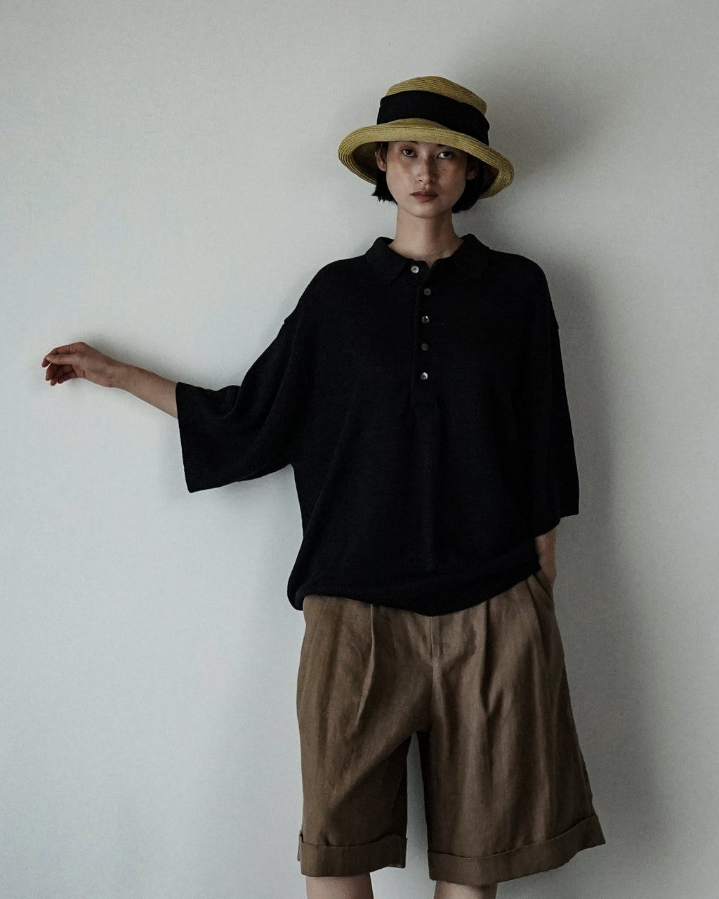 Linen Mid-Gauge Half Sleeve Knit Polo <#black>