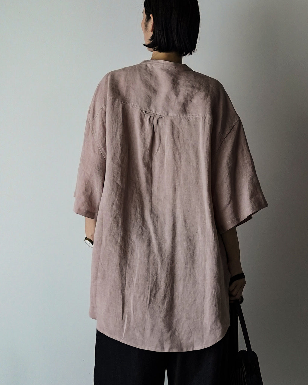Wash Linen Band Collar Henley Neck Like Half Sleeve Atelier Shirt <#smoke pink>