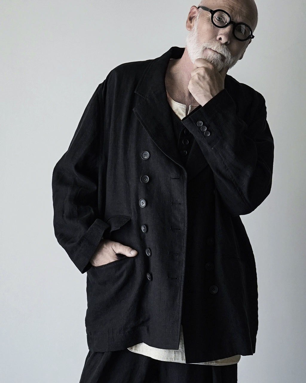 French Linen Back-Open Button Design Semi-Double Jacket <#black>