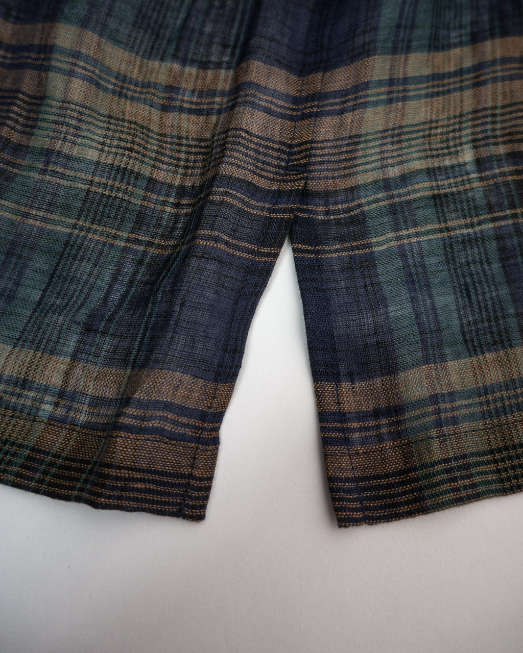 Linen Madras Check Open Collar Long-Sleeve Gathered Shirt<#navy check>
