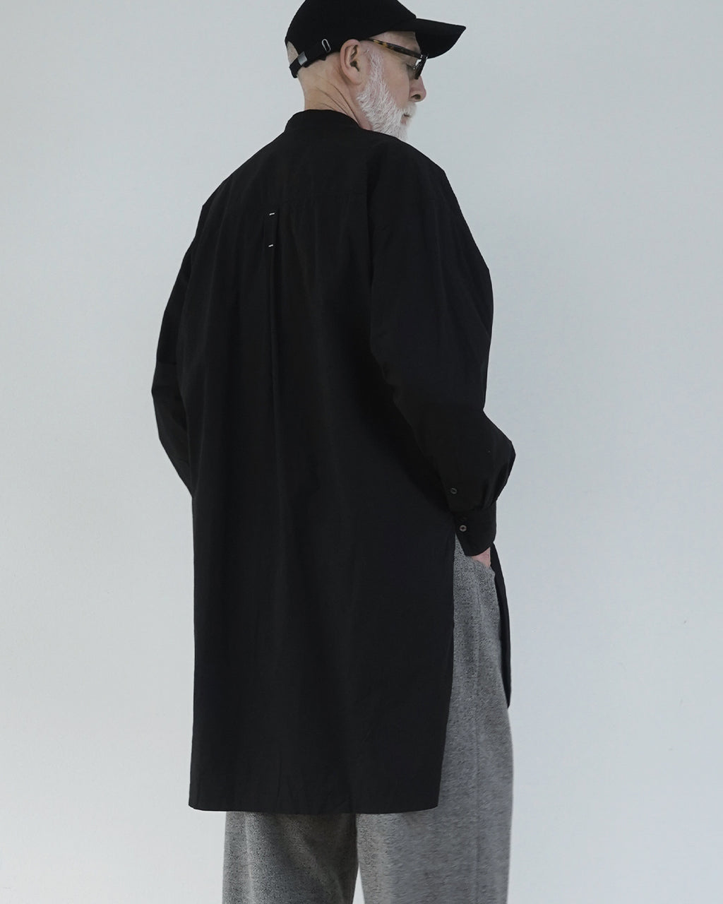 Cotton Typewriter Round Slit Long Officer Shirt <#ink black>