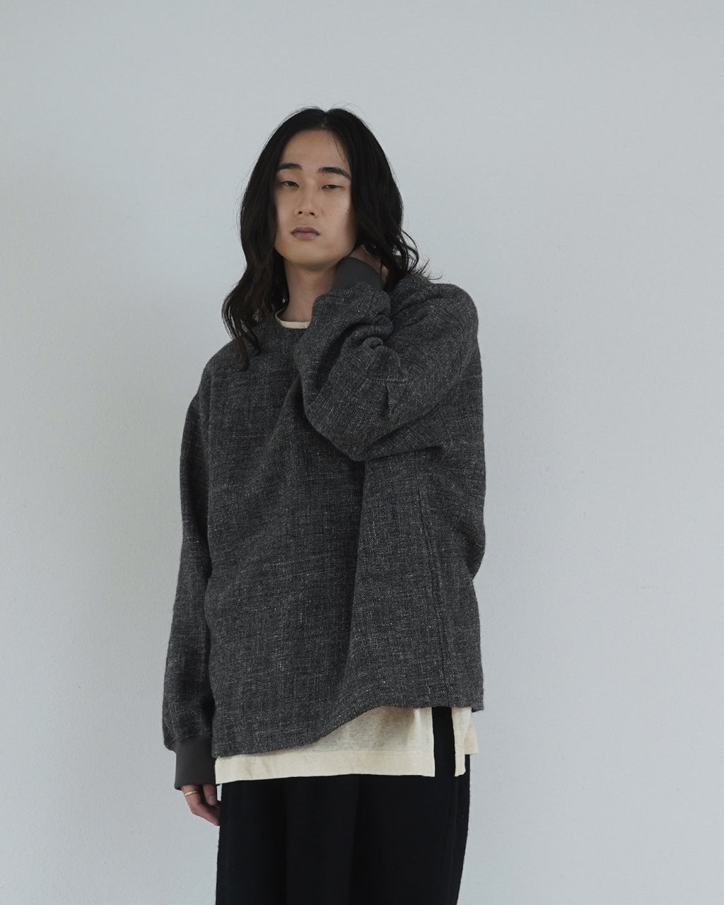 Shetland Wool Linen Crew Neck LS Tuck Rib Pullover <#charcoal>