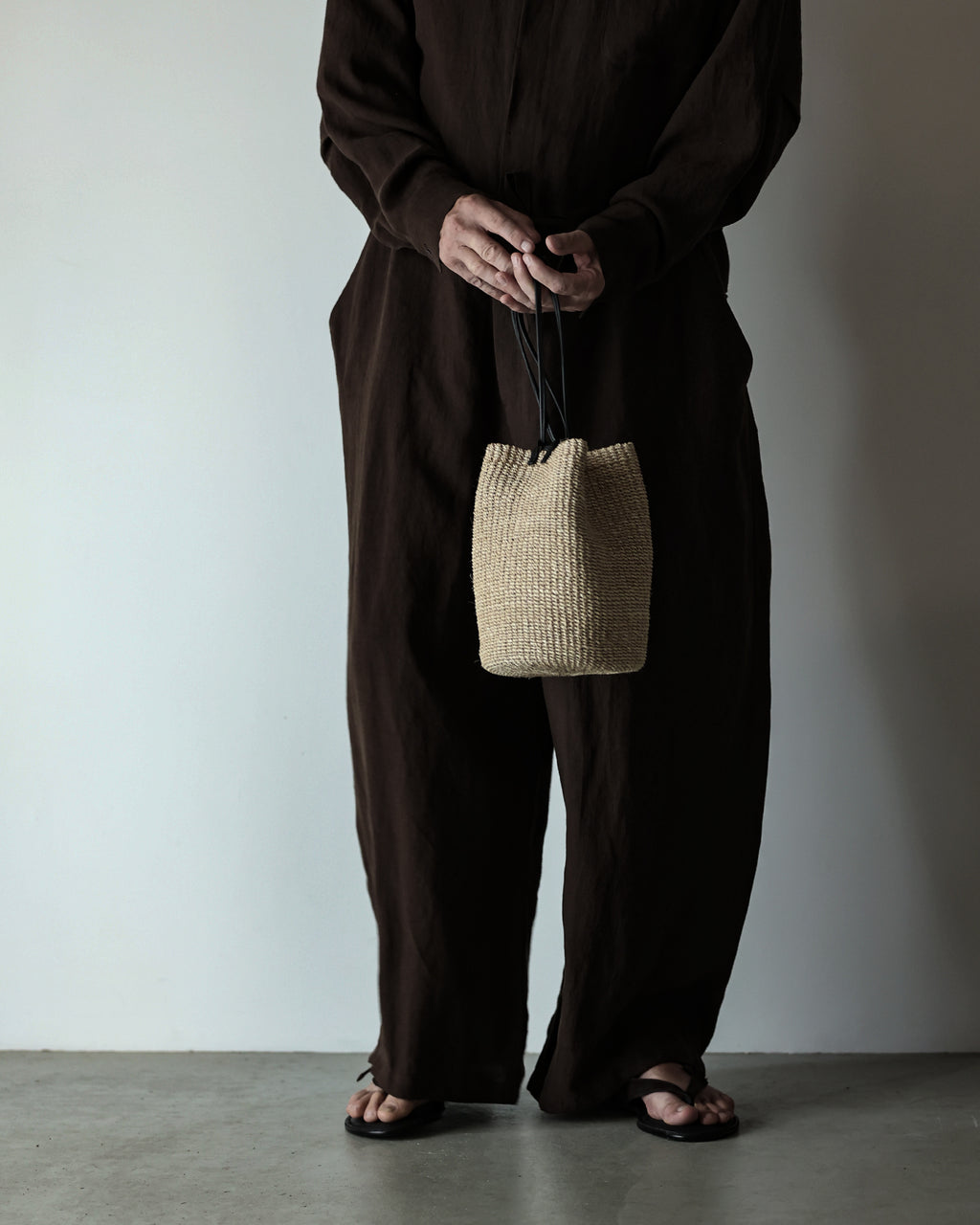 Wash Linen Band Collar Long-Sleeve Jumpsuit <#brown>