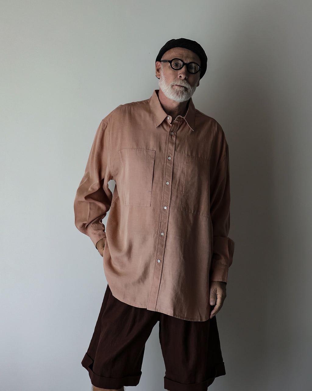 Linen-Tencel Double Pocket Regular Collar Over Shirt <#smoke pink>