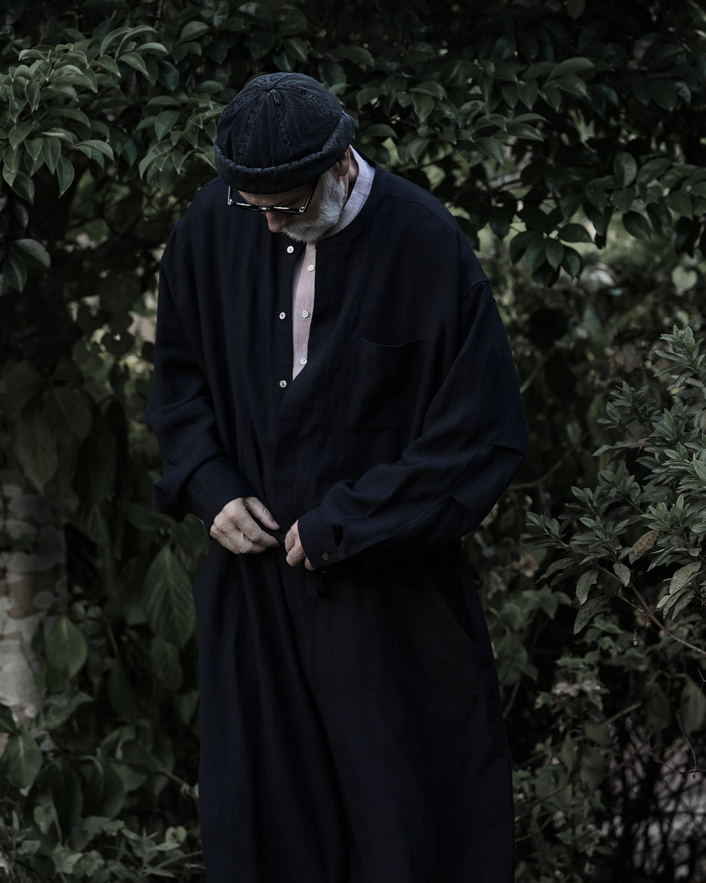 Wash Linen Band Collar Long-Sleeve Jumpsuit <#black>