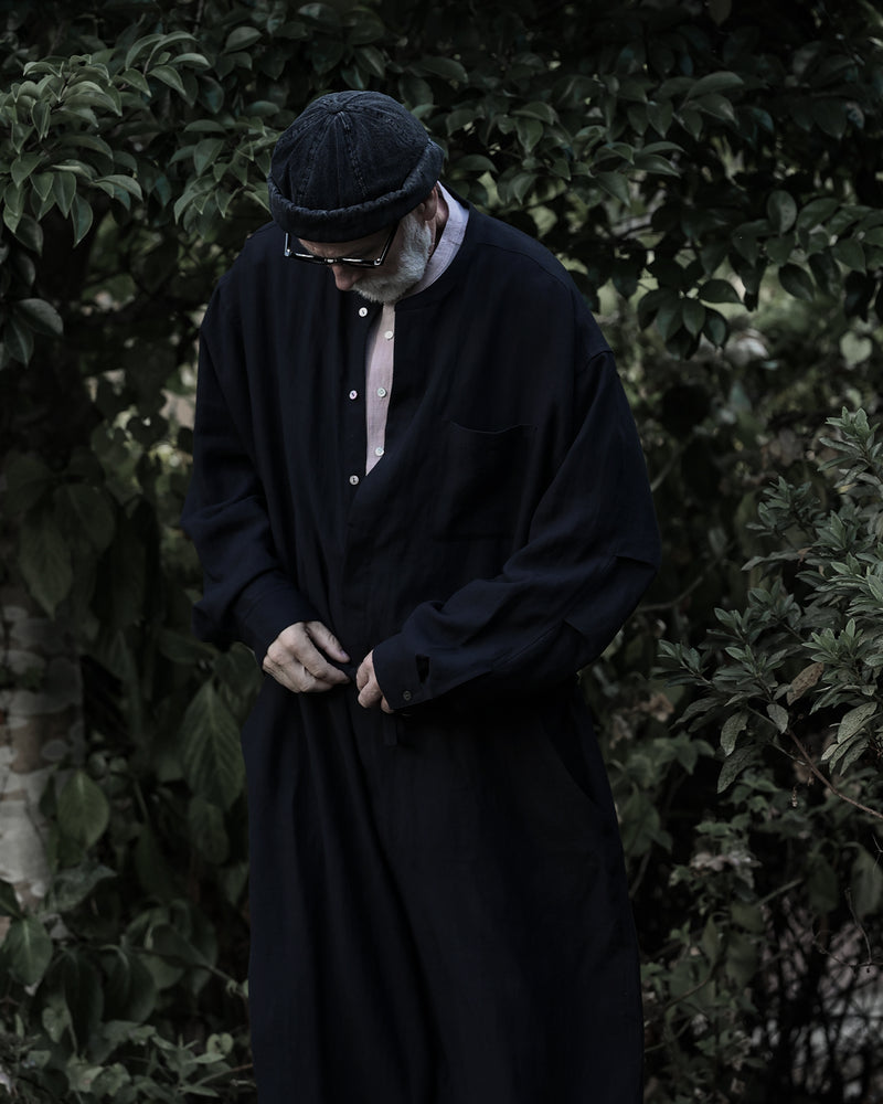 Wash Linen Band Collar Long-Sleeve Jumpsuit <#black>