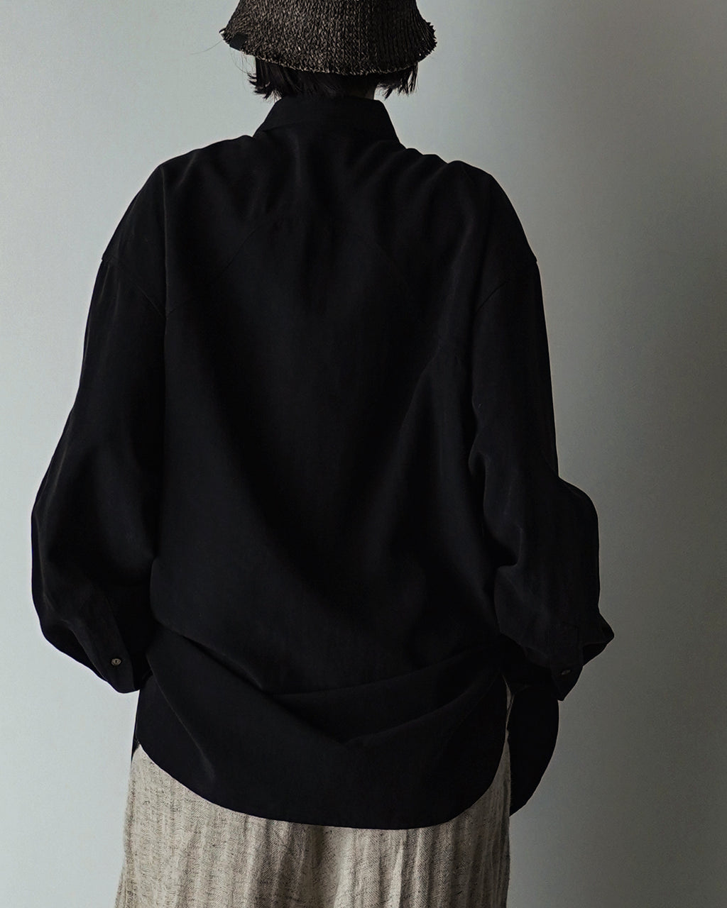 Linen-Tencel Double Pocket Regular Collar Over Shirt <#black>
