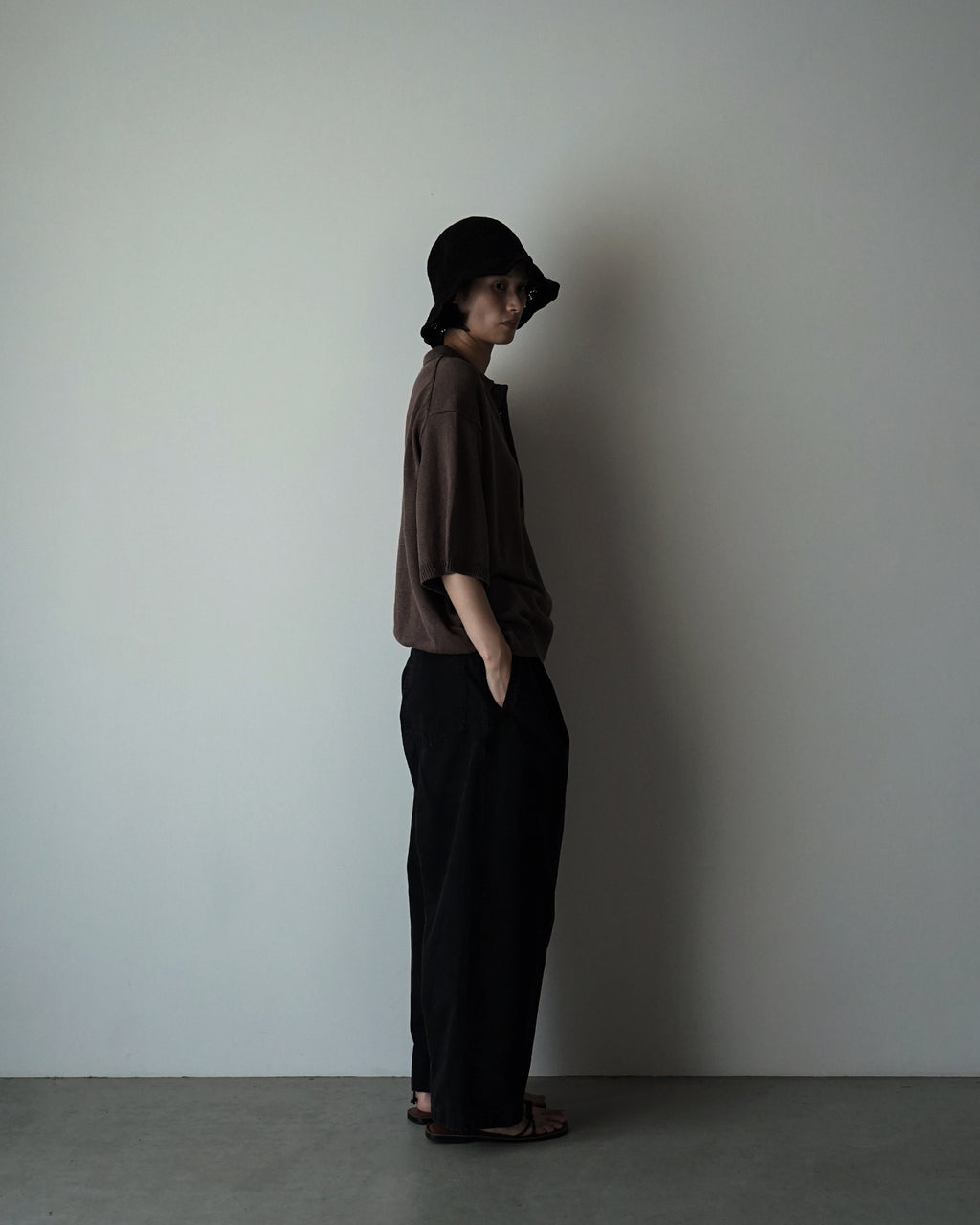 Linen Mid-Gauge Half Sleeve Knit Polo <#brown>