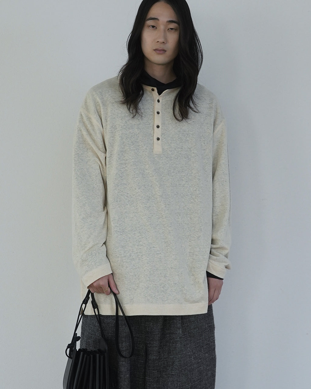 Linen Jersey Henley Neck Middle Length L/S Tee <#ivory>