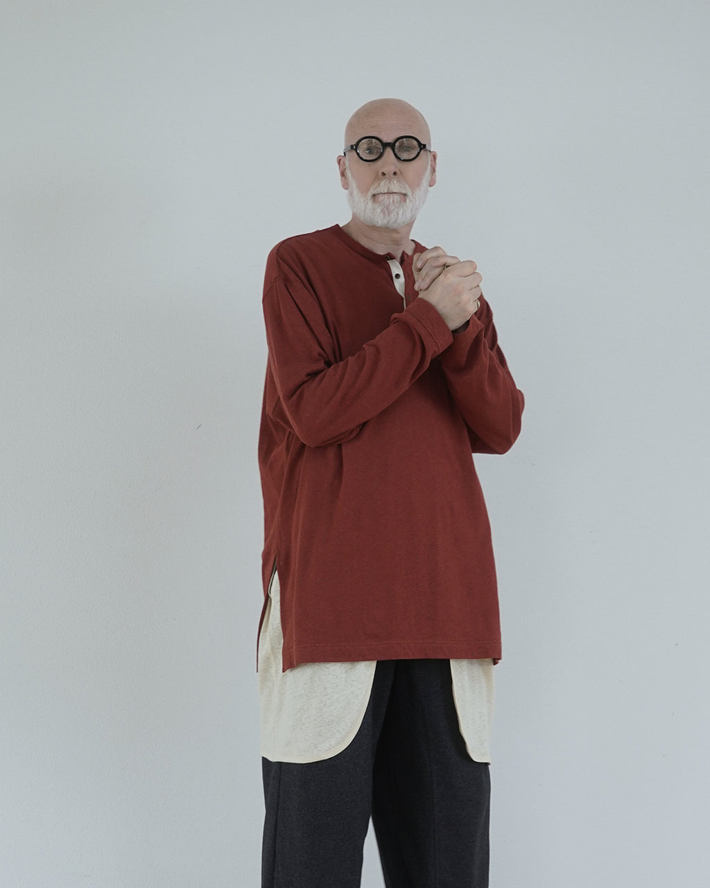 Linen Jersey Henley Neck Middle Length L/S Tee <#terracotta>
