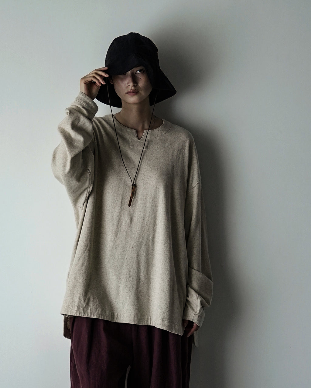 Cotton Linen Hem Round Skipper Long-Sleeve Tee <#ivory>