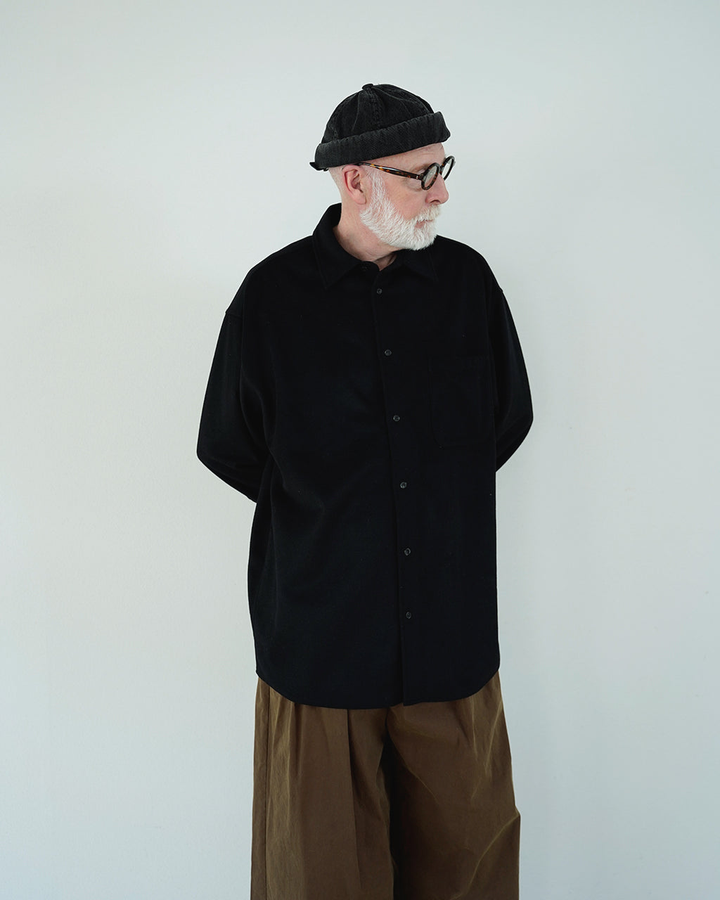 Wool Blend Heavy Flannel Wide Tuck Over Shirt <#black>