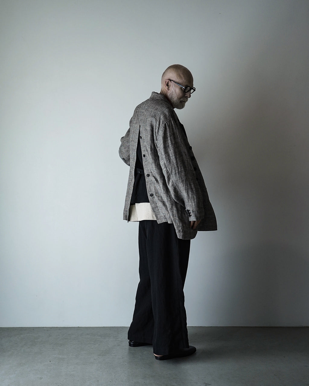 Glen Check Linen Back-Open Button Design Semi-Double Jacket <#glen check>