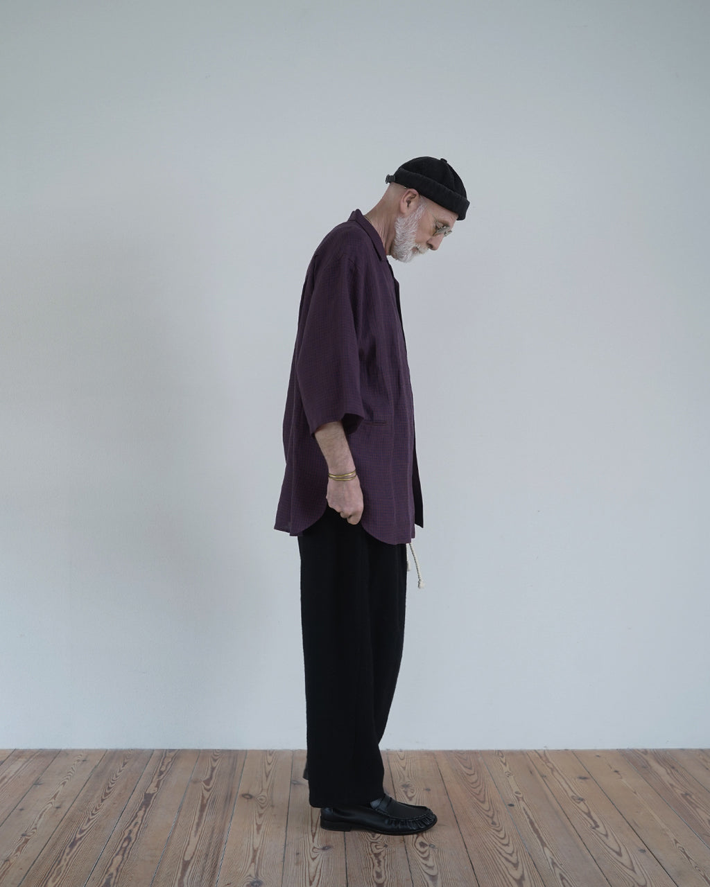 Wash Linen Open Collar 3/4 Sleeve Sleeping Shirt <#brown×navy>