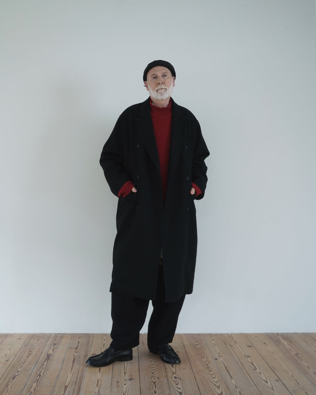 Wool Blend Double-Breasted Long Coat <#black>