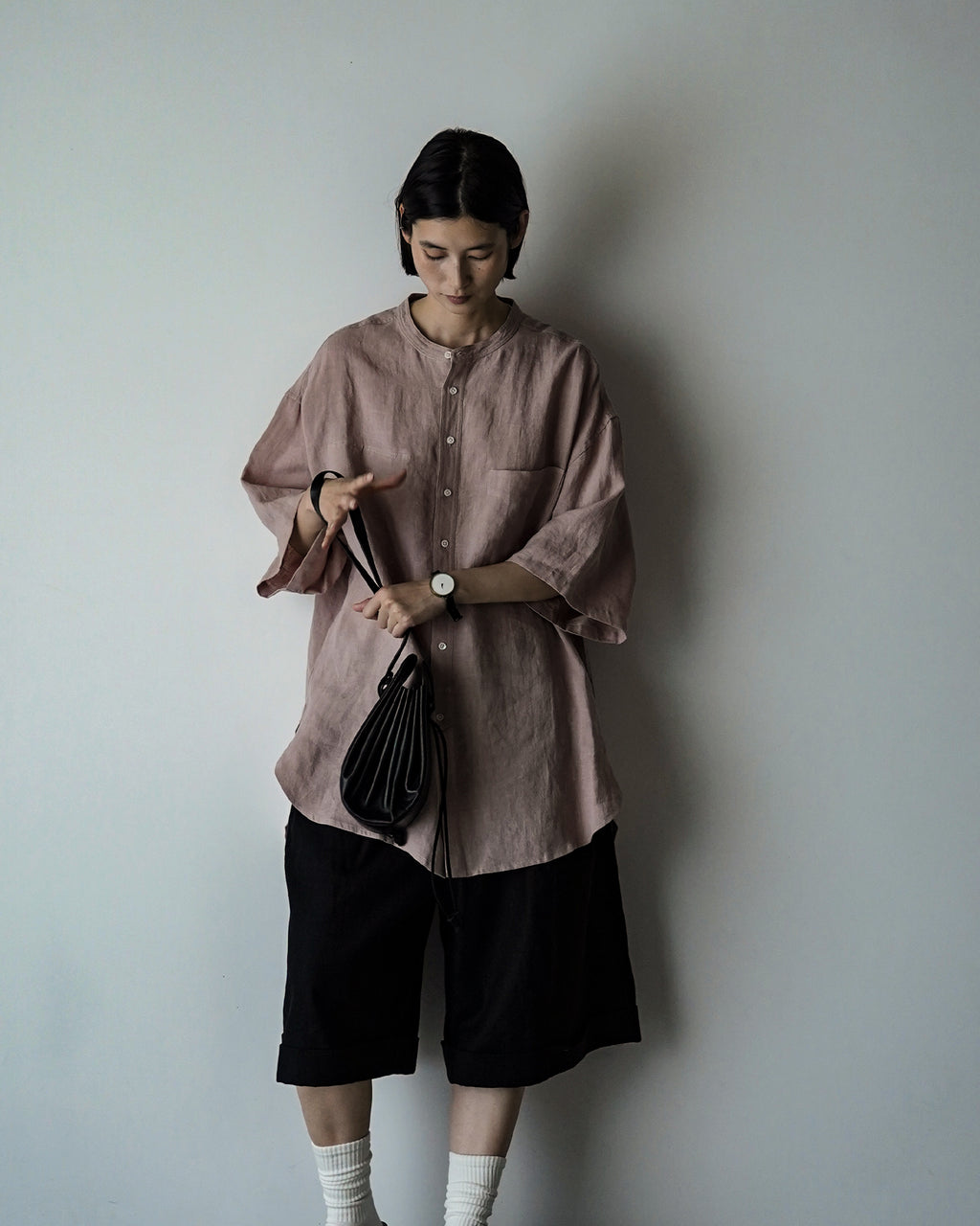 Wash Linen Band Collar Henley Neck Like Half Sleeve Atelier Shirt <#smoke pink>