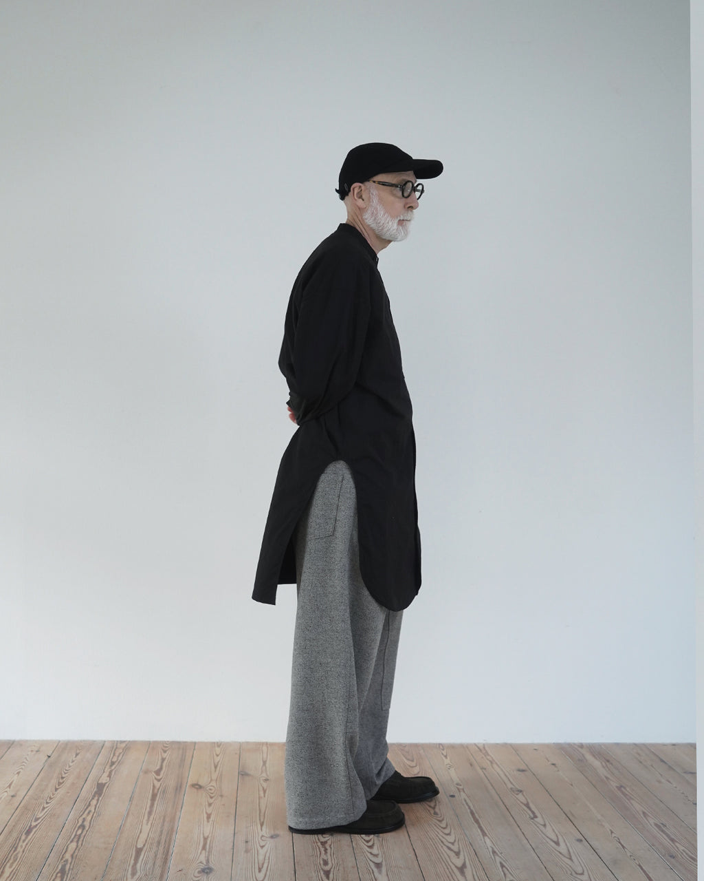 Cotton Typewriter Round Slit Long Officer Shirt <#ink black>